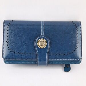 Large Blue Wristlet Wallet RFID Blocking Leather Credit Card Holder SENDEFN NIB